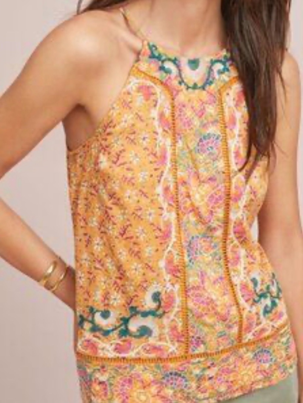 Anthropologie Akemi + Kin Melina Embroidered Boho Golden Yellow Halter Tank,Sz 4